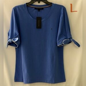 Tommy Hilfiger Women's Classic Blue Tee with Tie Sleeves